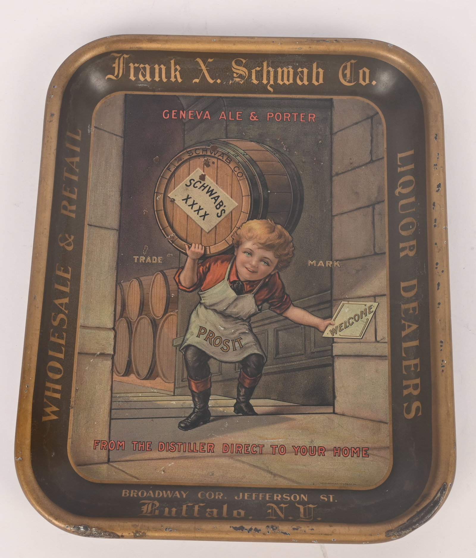 FRANK SCHWAB GENEVA ALE ADVERTISING TRAY: Frank Schwab Geneva Ale & Porter Advertising Tray. Great image of boy with barrel. Brewed in Buffalo, NY. 13"x10 1/2" Excellent