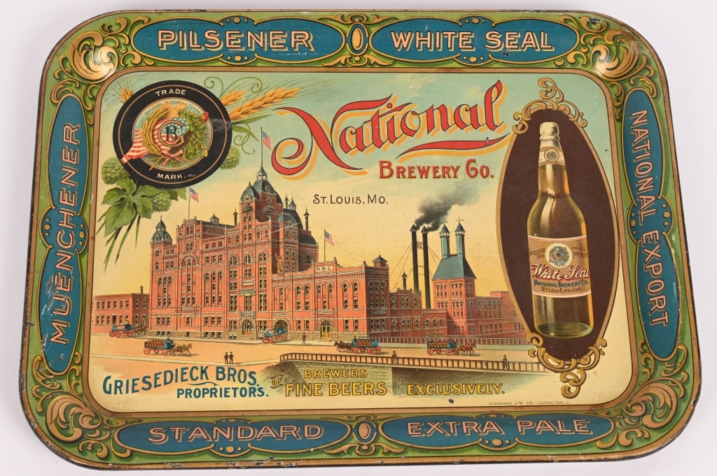 NATIONAL BREWERY WHITE SEAL BEER ADVERTISING TRAY: National Brewery White Seal Beer Advertising Tray. All original with great image and colors. Very clean condition. Brewed in St Louis, MO. 13 1/2"x10 1/2" Excellent