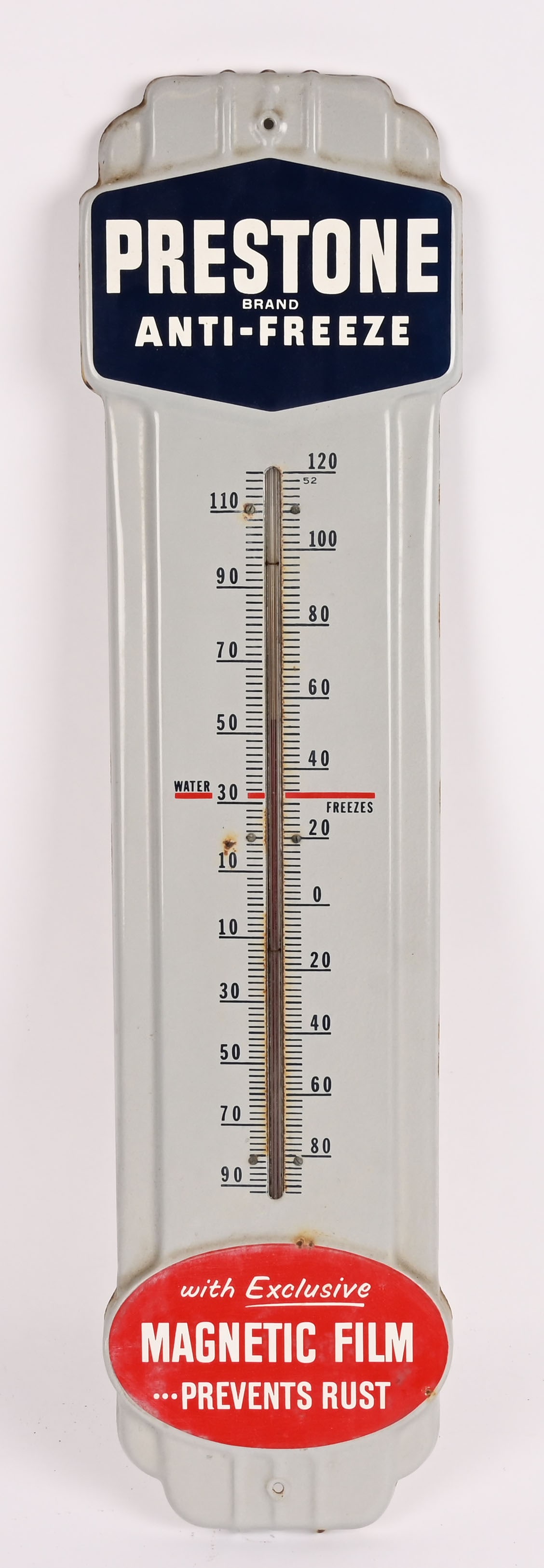 PRESTONE "MAGNETIC FILM" PORCELAIN THERMOMETER: Nice looking Prestone "Magnetic Film" porcelain Thermometer. All original in great condition. 36 1/2" Excellent