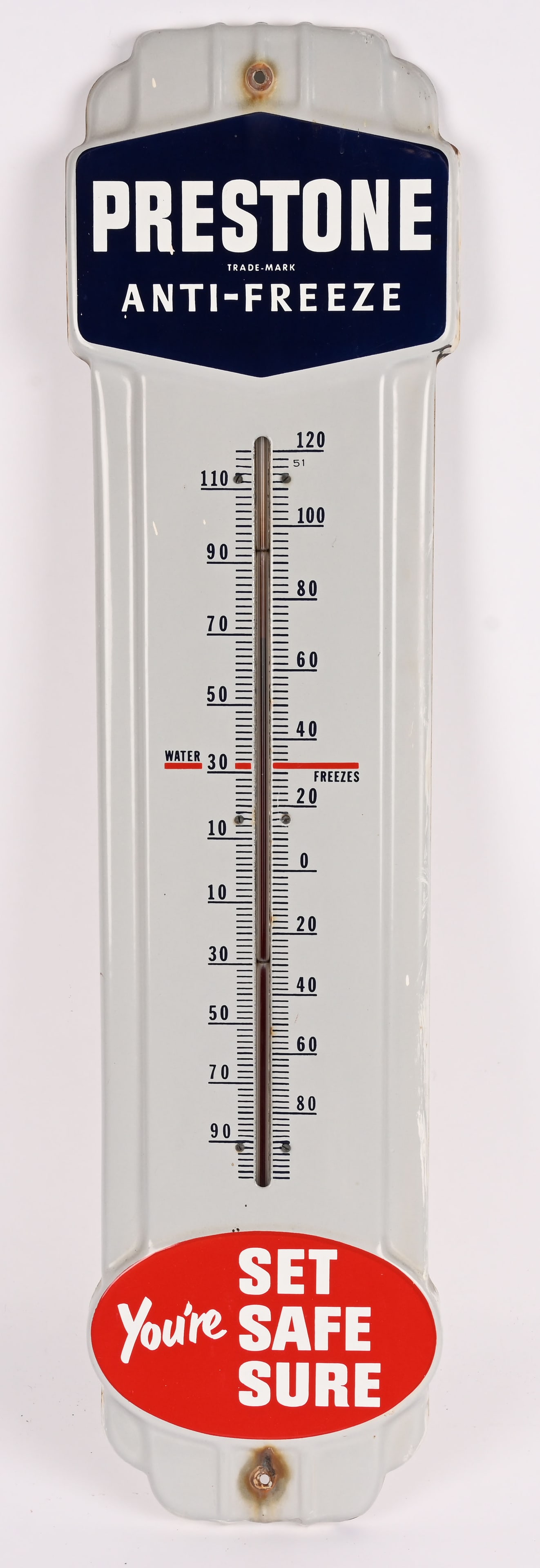 PRESTONE "SET SAFE SURE" PORCELAIN THERMOMETER: Nice looking Prestone "Set Safe Sure" porcelain Thermometer. All original in great condition. 36 1/2" Excellent