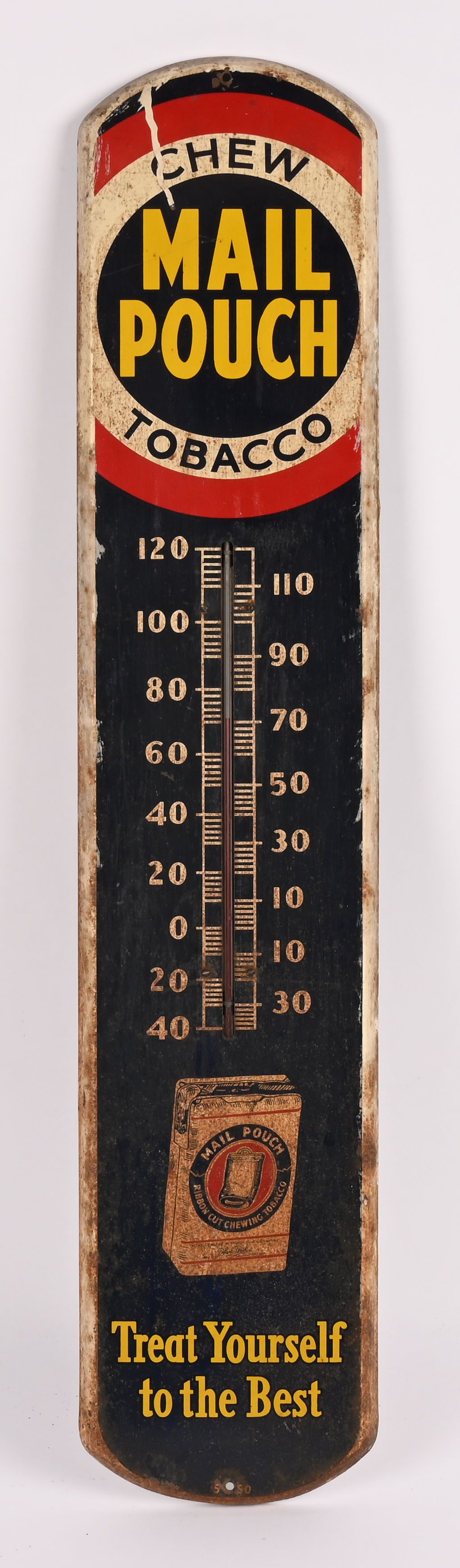 CHEW MAIL POUCH TOBACCO TIN THERMOMETER: Chew mail Pouch Tobacco tin Thermometer. All original with patina. Marked 5 50 along bottom. 38 1/2" Very Good