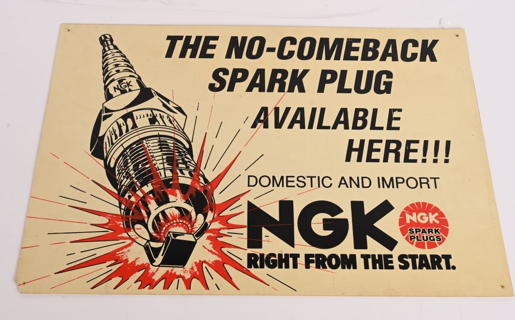 NGK SPARK PLUGS PLASTIC SIGN: NGK Sparkplugs plastic Sign. All original. Has tiny chip on bottom corner. 24"x16" Excellent