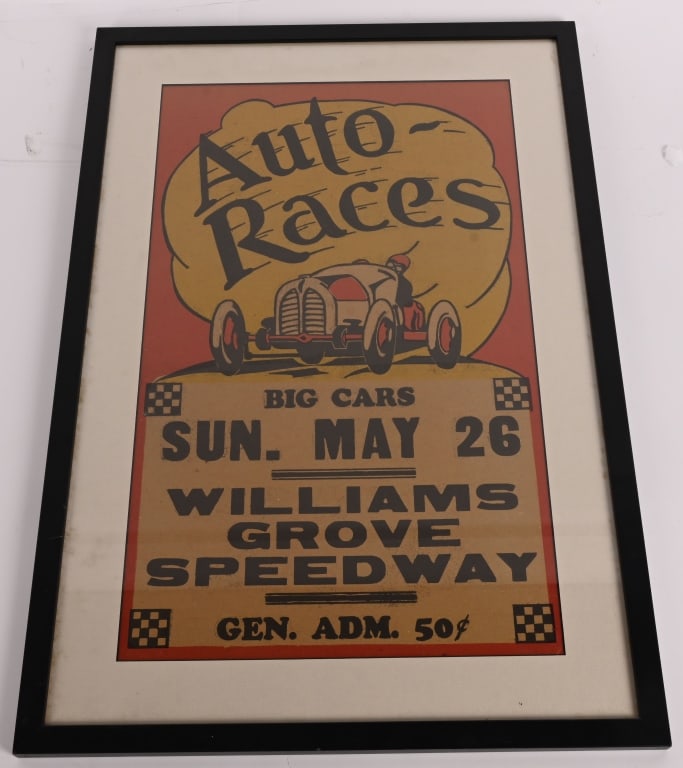 WILLIAMS GROVE AUTO RACES POSTER: Original Williams Grove Auto Races Poster. Great image and colors. Framed 25 1/2"x17" Excellent