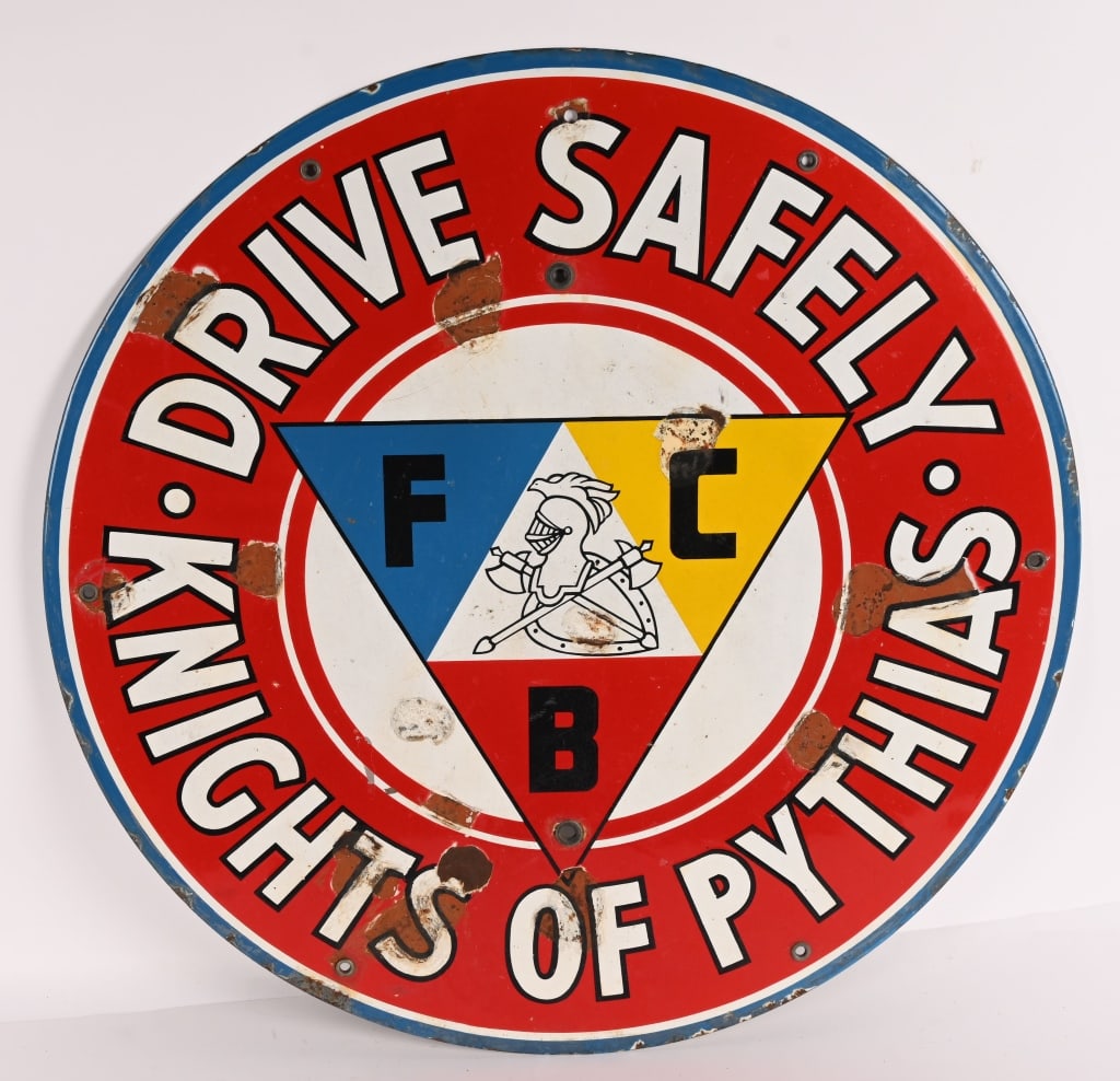 DRIVE SAFELY KNIGHTS OF PYTHIAS PORCELAIN SIGN: SSP Drive Safely Knights of Pythian porcelain Sign. Unusual original sign with nice colors. Has a few spots of loss that have been touched up. 30" Very Good