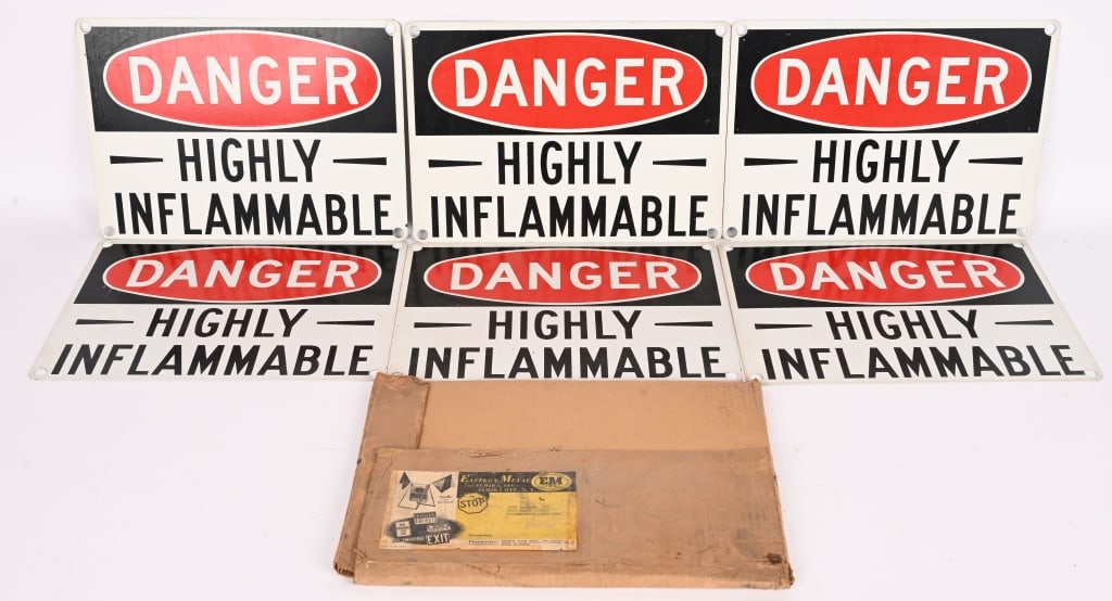 6- DANGER HIGHLY INFLAMMABLE TIN SIGN: Lot of 6 New Old Stock Danger Highly Inflammable tin Signs. All in great shape with original Box. 14"x10" Excellent