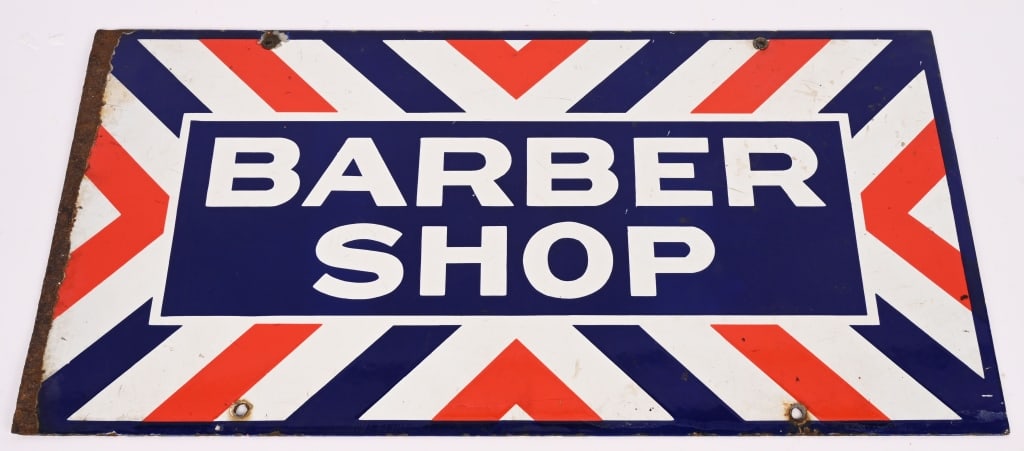 BARBER SHOP DOUBLE SIDED PORCELAIN SIGN: DSP Barber Shop double sided porcelain Sign. All original with nice colors. Has ear on one edge. 24"x12" Excellent