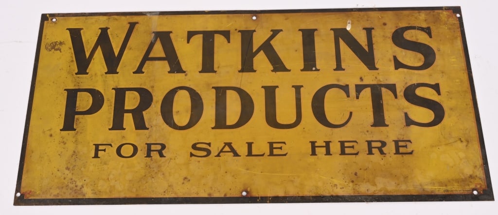 WATKINS PRODUCTS FOR SALE HERE METAL SIGN: SST Watkins Products For Sale Here tin Sign. All original with some wear. 19 1/2"x9 1/2" Very Good