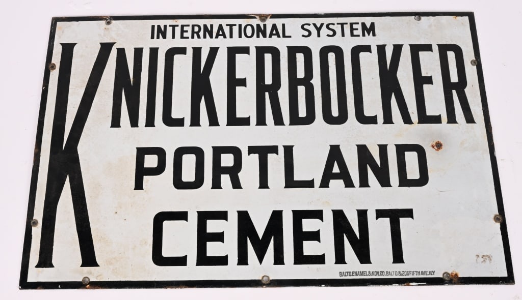 KNICKERBOCKER PORTLAND CEMENT PORCELAIN SIGN: SSP Knickerbocker Portland Cement porcelain Sign. All original in nice condition. Marked Balto Enamel along bottom. 22"x14" Excellent