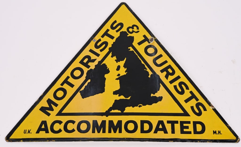 MOTORISTS & TOURIST ACCOMMODATED DSP SIGN: DSP Motorist & Tourist Accommodated double sided porcelain Sign. All original and both sides in great condition. Marked U.K M.H. along bottom. 17 1/2"x12 1/2" Excellent