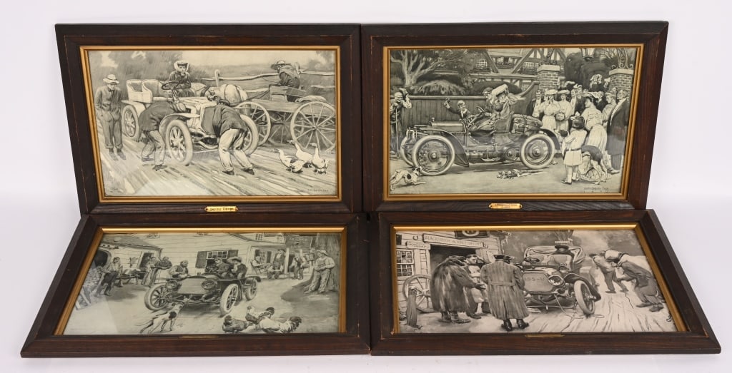 4- W. APPILTON CLARK EARLY AUTOMOTIVE LITHOGRAPHS: Nice set of Walter Allilton Clark Early Automotive Lithographs. Great images with early Autos and wonderful scenes. All marked Copyright 1908 By Collier & Sons. All framed with name plaques. Nice