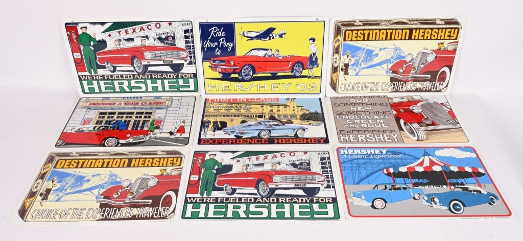 17- HERSHEY SHOW LIMITED EDITION TIN SIGNS: Lot of 17 Hershey Show Limited Edition of 500 Tin Signs. All made in the early 2000s. All with great images of Collector Cars. All marked Limited Edition of 500 along the bottom edge. 18"x12"