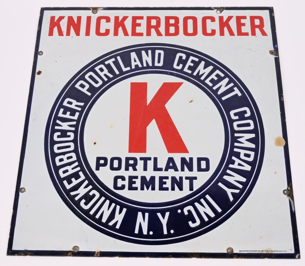 KNICKERBOCKER PORTLAND CEMENT PORCELAIN SIGN: SSP Knickerbocker Portland Cement Company single sided porcelain sign. All original with nice colors. Marked Balto Enamel Co along bottom edge. 18"x17" Excellent