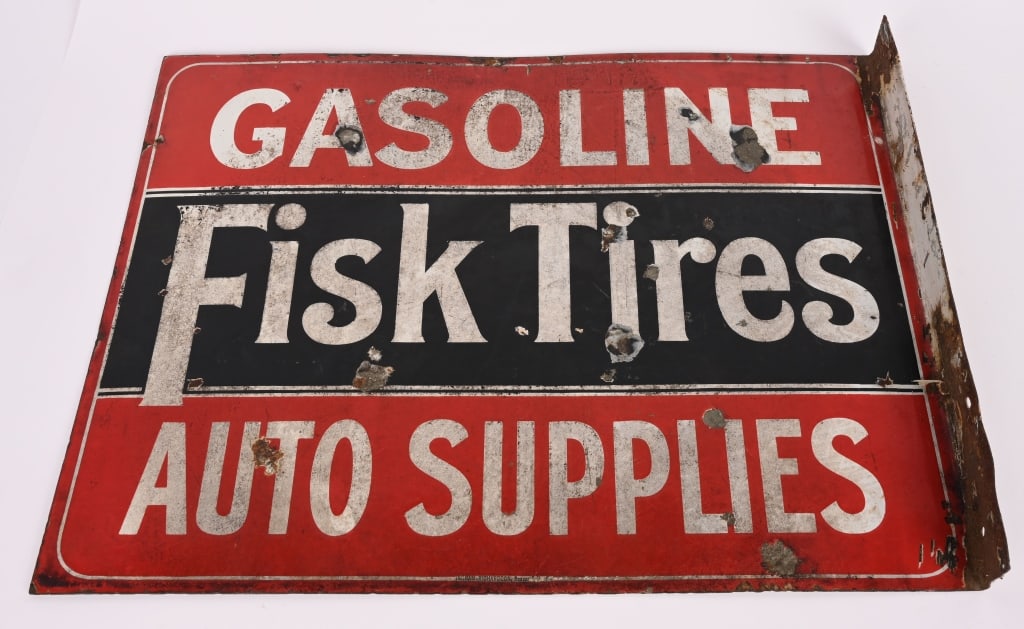 FISK TIRES GASOLINE & AUTO SUPPLIES FLANGE SIGN: DSP Fisk Tires Gasoline and Auto Supplies double sided porcelain sign. All original condition. Both sides equal conditions. Few spots of loss but display great. 24"x18" Very Good-Excellent