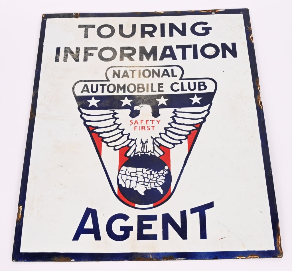 NATIONAL AUTO CLUB AGENT DSP PORCELAIN SIGN: DSP National Automobile Club Touring Information Agent double sided porcelain sign. Very nice sign with nice colors and graphics of Eagle on Globe. Both sides in great shape with a few small spots of