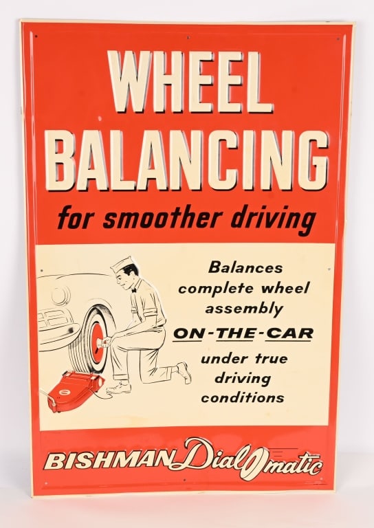 BUSHMAN DIAL-O-MATIC WHEEL BALANCING TIN SIGN: SST Bushman Dial-O-Matic Wheel Balancing embossed tin Sign. All original and looks new old stock condition. Great colors and graphics of mechanic working on car. Marked C&P Signs along bottom edge.