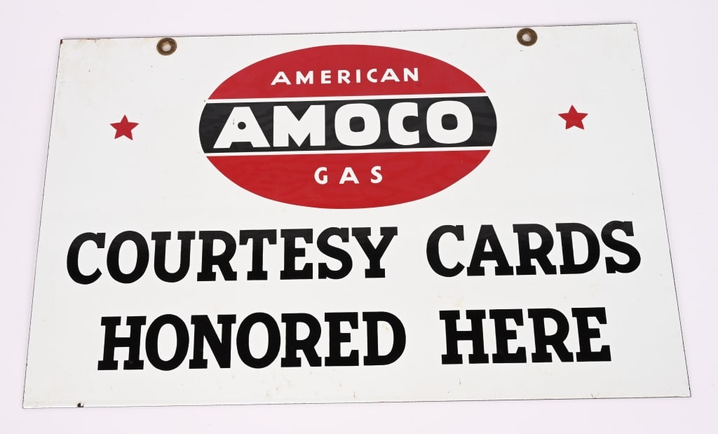 AMOCO GAS COURTESY CARDS DSP PORCELAIN SIGN: DSP Amoco Gas Courtesy Cards Honored Here double sided porcelain Sign. All original with nice colors. Both sided in great shape. 24"x15" Excellent