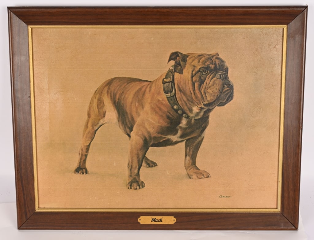 MACK TRUCKS BULLDOG PRINT BY CSATARI: Great looking Mack Trucks Bulldog Print By Csatari. Looks and has texture of a painting. With original frame. Has a few minor creases. Displays great. 27"x21 1/2" Excellent