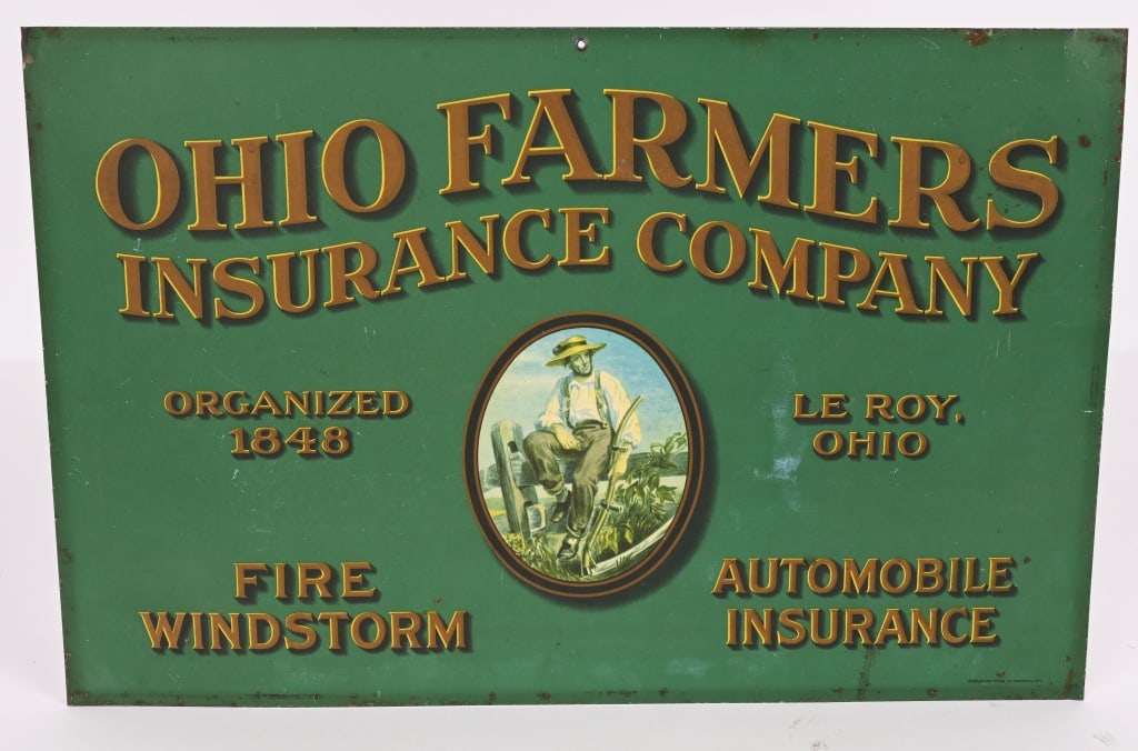 OHIO FARMERS INSURANCE COMPANY TIN SIGN: SST Ohio Farmers Insurance Company tin Sign. All original with nice colors and wonderful image of Farmer. From Leroy, Ohio. Marked American Art Works along bottom edge. 17 1/2"x11 1/2" Excellent