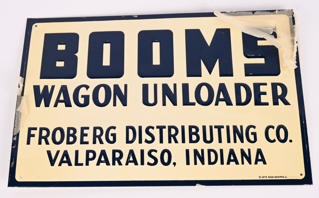 BOOMS WAGON UNLOADER EMBOSSED TIN SIGN: SST Booms Wagon Unloader embossed tin Sign. New Old Stock and still has some original paper on it. From Valparaiso, Indiana. Marked Scioto Signs along bottom. 17"x11 1/2" Excellent