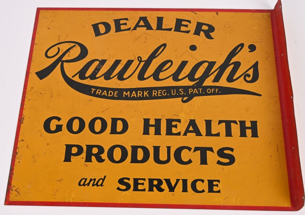 RAWLEIGH'S GOOD HEALTH PRODUCTS IN FLANE SIGN: DST Rawleigh's Good Health Products double sided tin flange Sign. All original and both side similar nice conditions. Just few spots of loss. 18"x15" Very Good-Excellent
