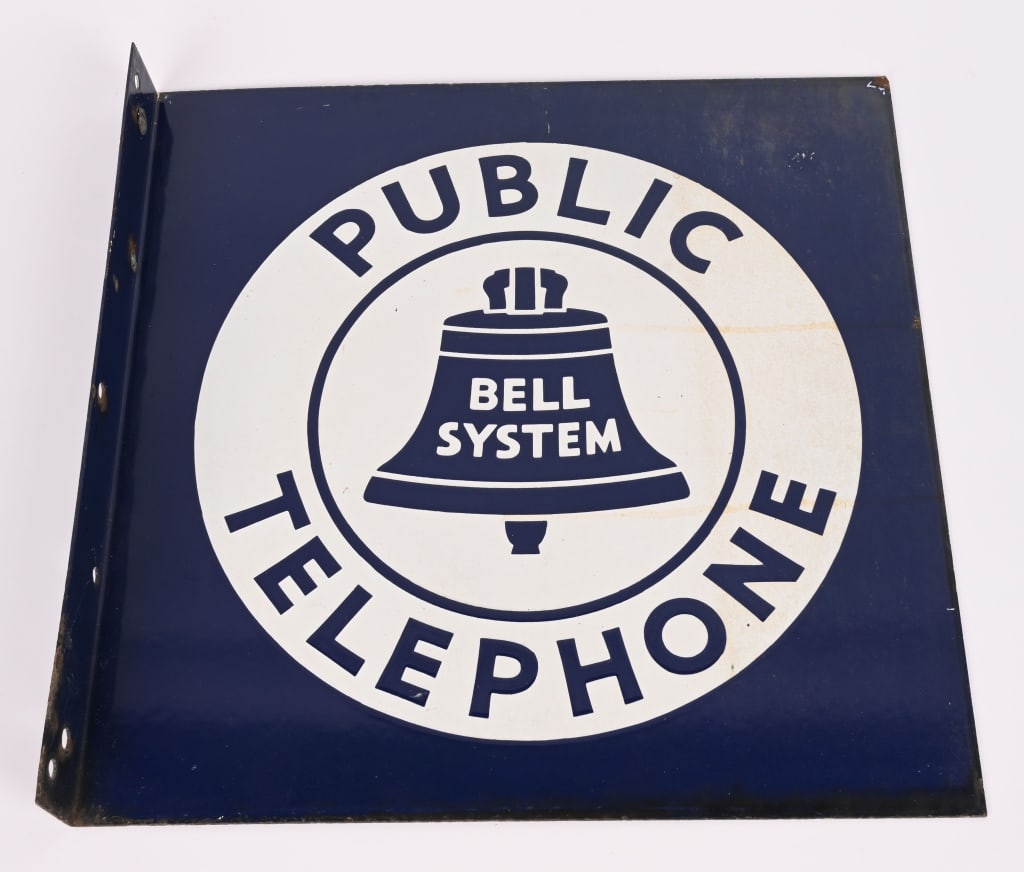 BELL SYSTEM PUBLIC TELEPHONE FLANGE SIGN: DSP Bell Systems Public Telephone double sided porcelain flange sign. All original and both sides in great condition. 18"x18" Excellent