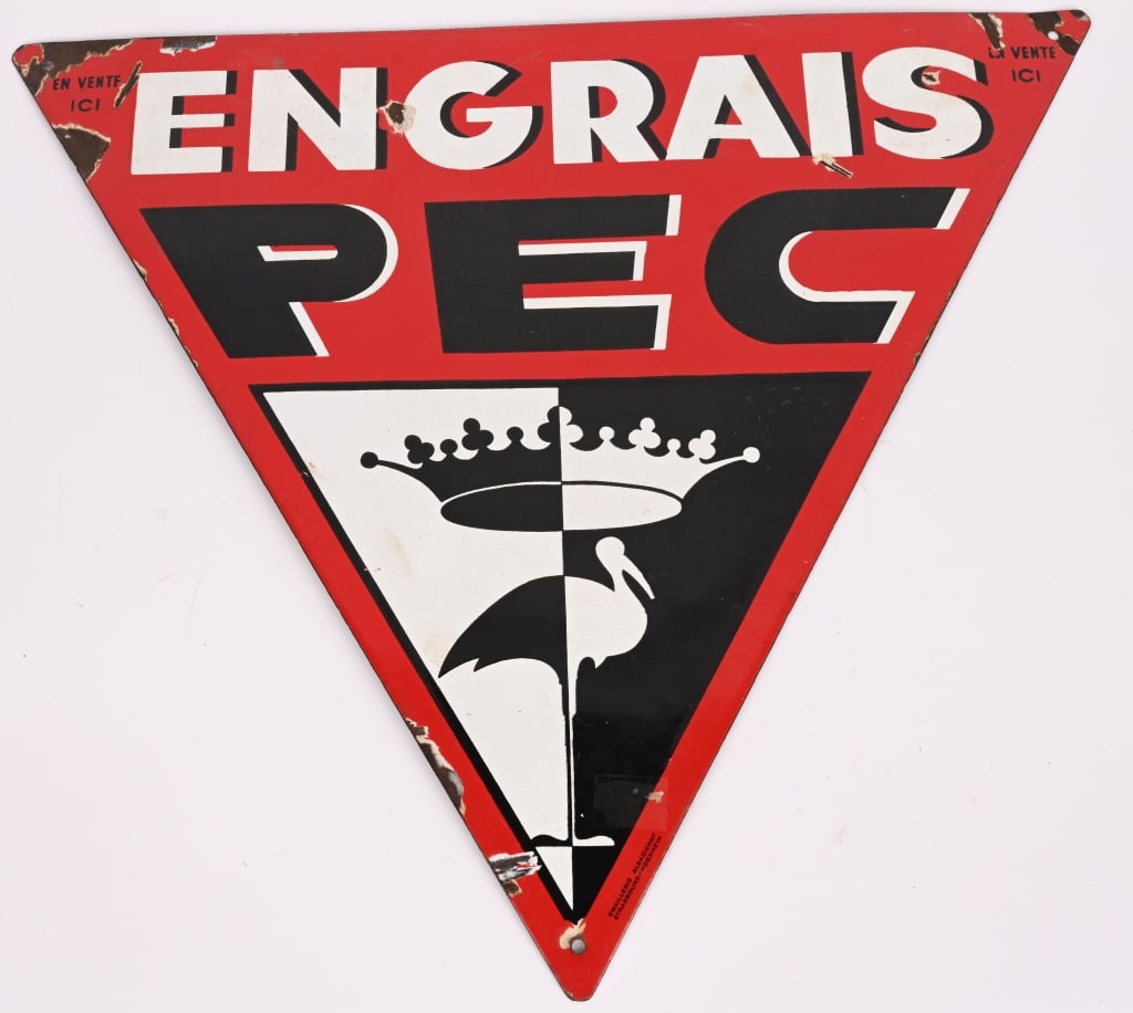 ENGRAIS PEC PORCELAIN SIGN: SSP Engrais PEC porcelain Sign. All original with nice colors. Sign is advertising Fertilizer. Has a few spots of loss. 19" Excellent