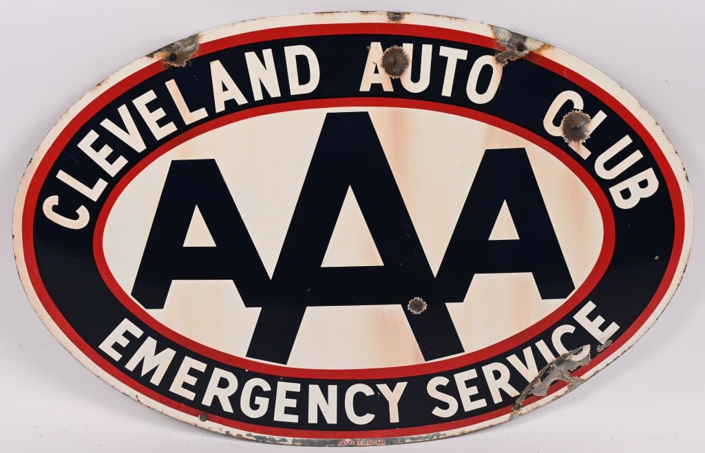 AAA CLEVELAND AUTO CLUB DSP PORCELAIN SIGN: DSP AAA Cleveland Auto Club double sided porcelain Sign. All original as found. One side in decent shape with a few spots of loss. Other side looks almost never fired condition. 36"x24" Very Good