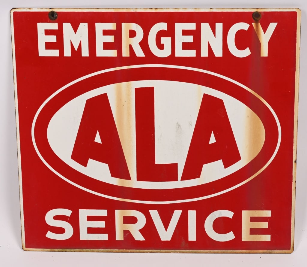 ALA EMERGENCY SERVICE DSP PORCELAIN SIGN: DSP ALA Emergency Service double sided porcelain sign. All original in nice condition. Has some stains. Both side similar condition. 20"x18" Excellent