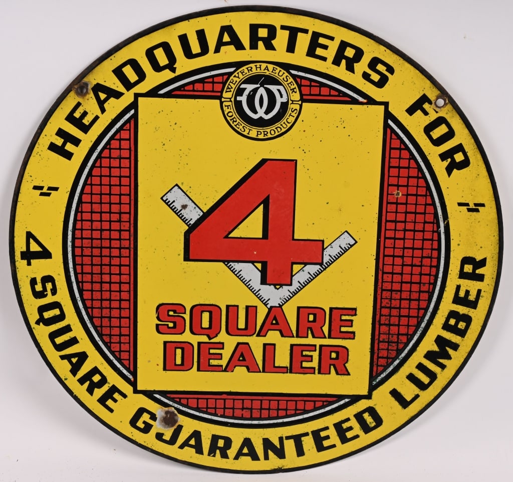 4 SQUARE LUMBER DEALER DSP PORCELAIN SIGN: DSP 4 Square Lumber Dealer double sided porcelain sign. All original with nice colors. Couple minor spots of loss. Both sides equal condition. 20" Excellent