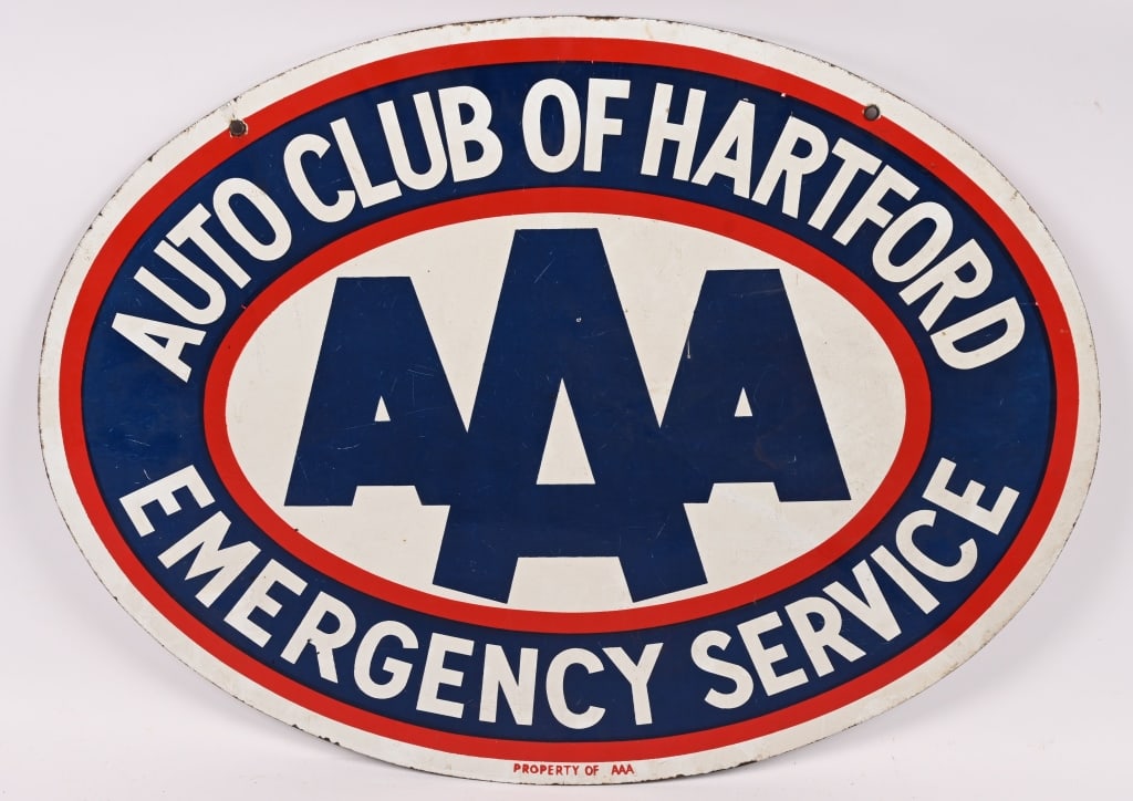 AAA AUTO CLUB OF HARTFORD DSP PORCELAIN SIGN: DSP AAA Auto Club of Hartford Emergency Service double sided porcelain Sign. All original with great colors. Both sides in great shape. 30"x23" Excellent
