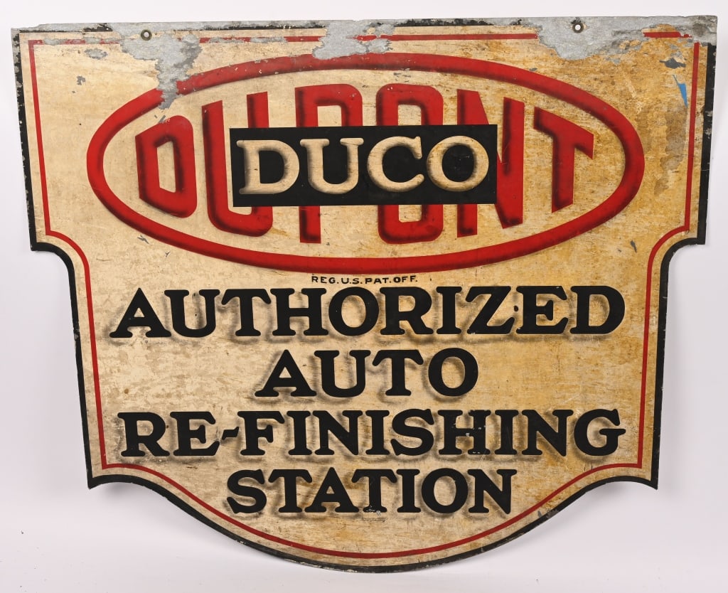 DUPONT AUTHORIZED AUTO REFINISHING STATION SIGN: DST Dupont Authorized Refinishing Station double sided tin Sign. All original as found condition. Both side similar condition. May clean to higher grade. 36"x32" Very Good