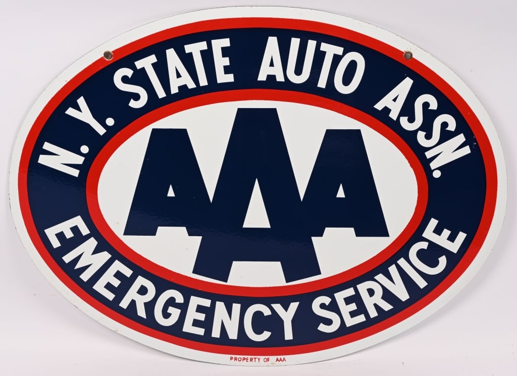AAA N.Y. STATE AUTO ASSN. EMERGENCY SERVICE SIGN: DSP AAA New York Auto Association Emergency Service double sided porcelain Sign. All original and in exceptional condition. Both sides in great condition with nice colors. 30"x23" Excellent