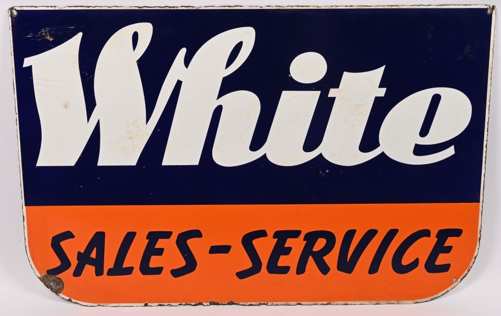 WHITE TRUCKS SALE-SERVICE PORCELAIN SIGN: SSP White Trucks Sales-Service porcelain Sign. All original with nice colors. Has some wear on lower edge.