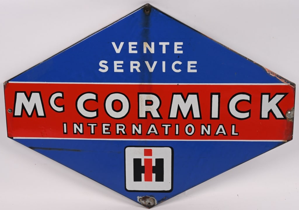 IH MCCORMICK INTERNATIONAL PORCELAIN SIGN: SSP IH McCormick International Vente Service porcelain Sign. All original with very nice colors. Some loss near mounting holes. 32"x24" Excellent