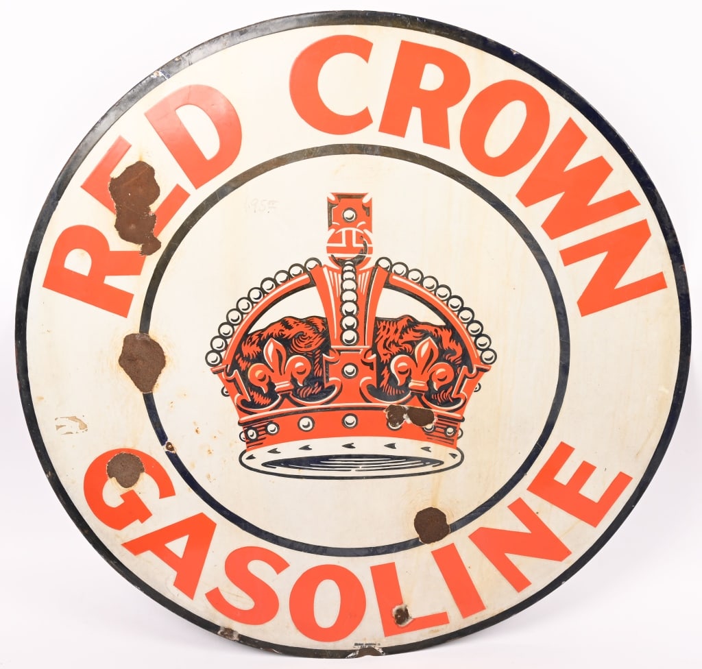 RED CROWN GASOLINE PORCELAIN SIGN: SSP Red Crown Gasoline single sided porcelain Sign. All original with nice colors. Has a few spots of loss. Marked on the bottom which looks like Reliance Advertising Co but hard to read. 42" Very Goo