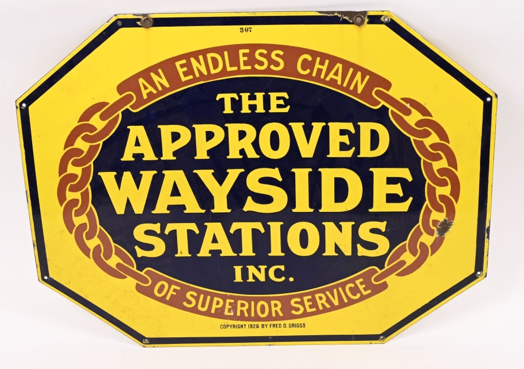 APPROVED WAYSIDE STATIONS DSP PORCELAIN SIGN: DSP The Approved Wayside Stations Inc. double sided porcelain Sign. All original with nice colors. Both sides in great shape. Only couple spots of loss mostly near mounting holes. Marked Copyright 192