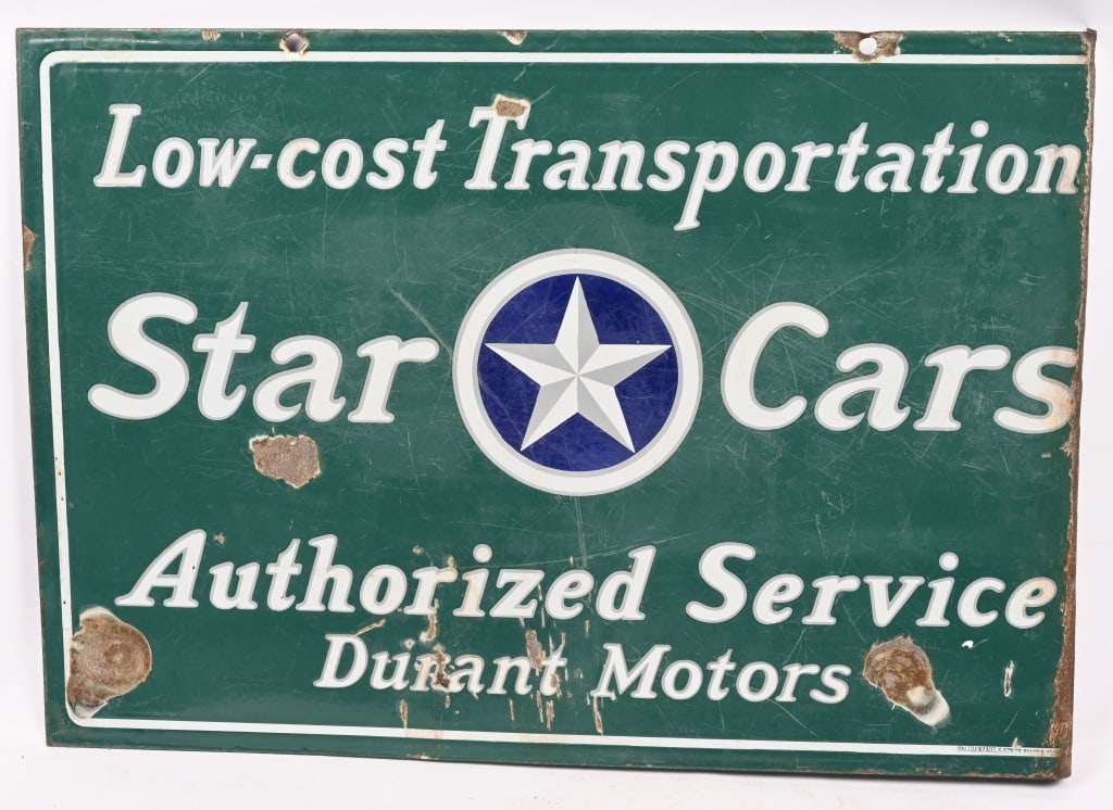 DURANT MOTORS STAR CARS DSP PORCELAIN SIGN: DSP Durant Motors Star Cars double sided porcelain Sign. Original as found. Sign has been bent on one end to form a flange. Has some loss on both sides. Marked Bailto Enamel along bottom. Sign with