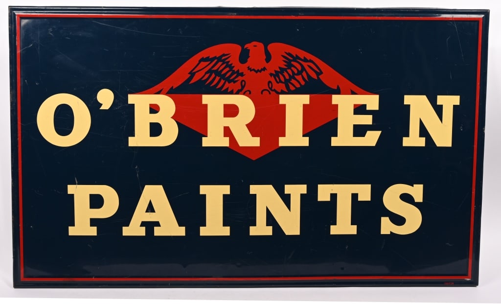 O'BRIEN PAINTS SELF FRAMED TIN SIGN: SST O'Brien Paints self framed tin Sign. All original with great Patriotic colors and Bald Eagle graphics. Very nice colors and shine. Very clean sign. Marked Robertson along bottom edge. 60"x36"