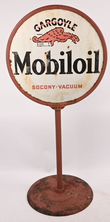 MOBILOIL GARGOYLE DSP LOLLIPOP SIGN: SSP Mobiloil Gargoyle double sided porcelain Lollipop Sign with Stand. Sign is all original with fading and wear. Comes with correct Mobiloil base. 30" wide by 64" tall. Very Good