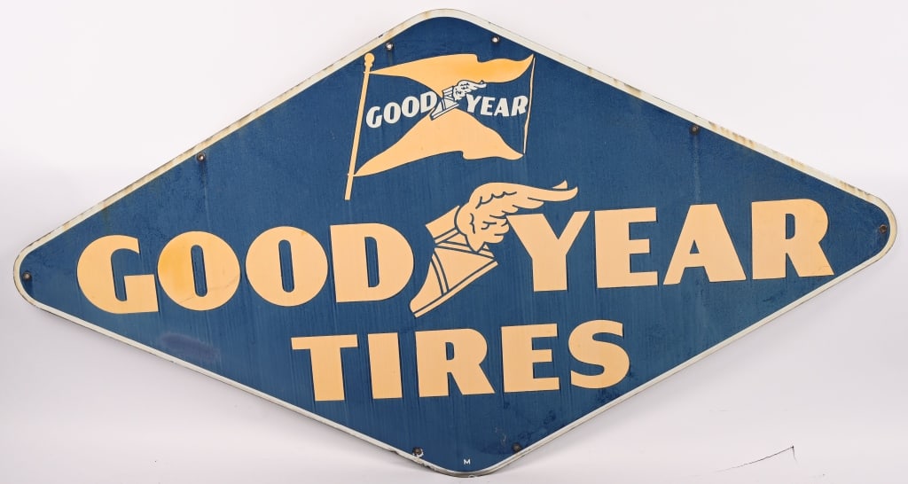 GOODYEAR TIRES PORCELAIN SIGN: SSP Goodyear Tires single sided porcelain diecut Sign. All original in nice shape. Has some fading. Marked Property of Goodyear Tire & Rubber on bottom. 72"x39" Very Good-Excellent