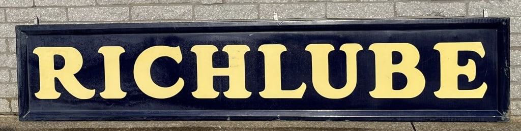 RICHLUBE SELF FRAMED PORCELAIN SIGN: SSP Richlube self framed porcelain sign. Large impressive sign. All original in nice condition. 117"x24" Excellent
