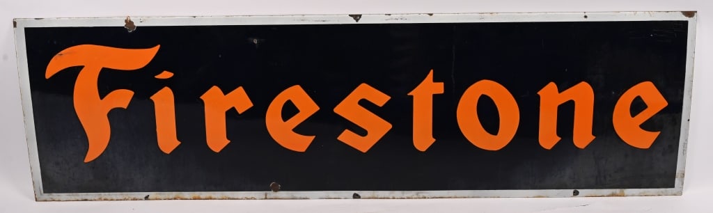 FIRESTONE PORCELAIN SIGN: SSP Firestone single sided porcelain sign. All original with nice colors. Few minor spots of loss. 73"x21" Excellent