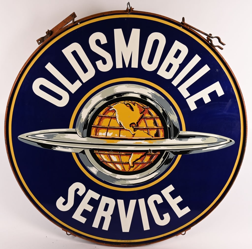 60" OLDSMOBILE DOUBLE SIDED PORCELAIN DEALER SIGN: DSP 60" Oldsmobile double sided porcelain Dealership Sign. All original and in wonderful condition. Great colors and nice shine. Still has original hanger ring. An exceptional sign! 60" Excellent