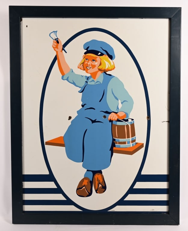 DUTCH BOY PAINT PORCELAIN SIGN: SSP Dutch Boy Paint single sided porcelain sign. All original with great colors and image. Very clean sign. Has been set in wood frame. 50"x39" Excellent