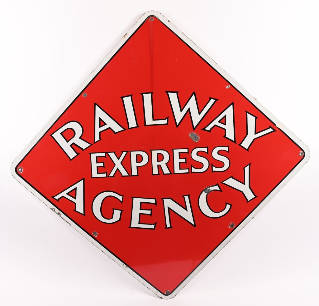 RAILWAY EXPRESS AGENCY PORCLEAIN SIGN: SSP Railway Express Agency single sided porcelain sign. All original with nice colors. Only couple spots of minor loss. 36" Excellent