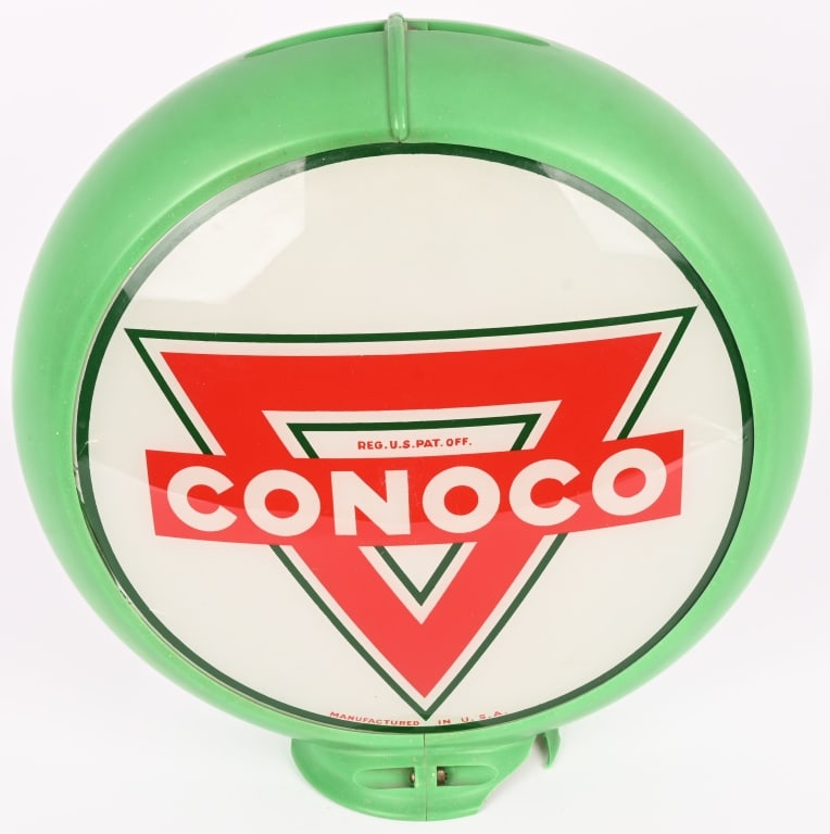 CONOCO GREEN OUTLINE GAS GLOBE: Conoco green outline Gas Globe. Nice pair of lenses with no issues. Set in ring that has small chip at base. 16 1/2" Excellent