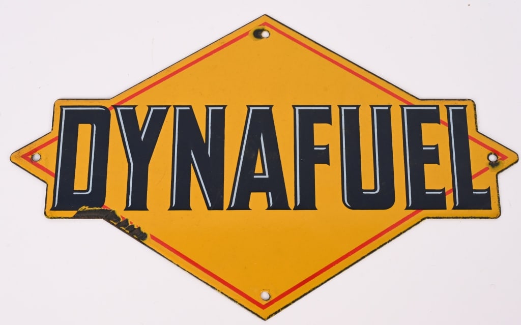 SUNOCO DYNAFUEL PORCLEAIN PUMP SIGN: Sunoco Dynafuel porcelain Pump Sign. All original with one small area on loss on edge. 12"x8" Excellent
