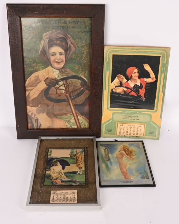 EARLY AUTOMOTIVE CALENDARS, LITHOS, & MORE: Lot includes early Clothing Litho with Automobile, 2 early Calendars with Automobiles, and Service Station Advertising Thermometer. All in great shape. Largest 22"x14" Excellent