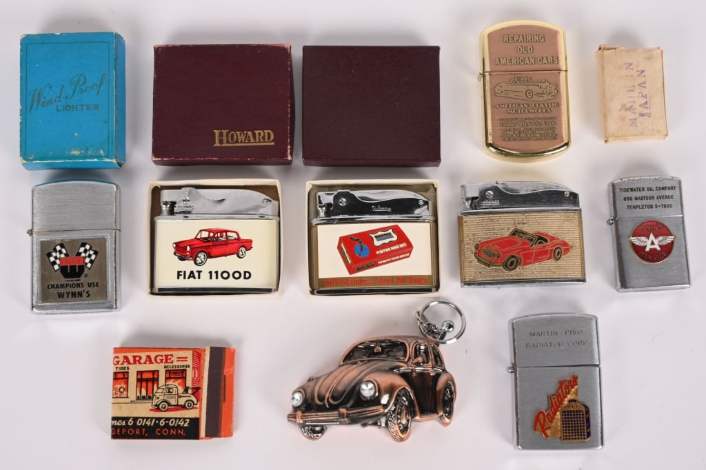 9- AUTOMOTIVE RELATED CIGARETTE LIGHTERS: Lot includes 9 lighters, four of which are in the original packaging. There is a Flying A Service made by Dundee, Martin Pivo Radiators, made by Zeus, Fiat 1100D in box, made in Japan, Wynns Lighter