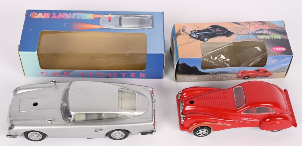 2- DIECAST AUTO LIGHTERS w/ BOXES, AUSTIN MARTIN: Lot includes a 5 3/4" Austin Martin figural lighter and 4 1/2" Talbot-Lago lighters both in original boxes. Unused Excellent